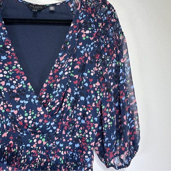 Ted Baker | Casadee Smock Panel Wrap Mini Dress – Ditsy Heart Print (Size 1) - Picture 4 of 7